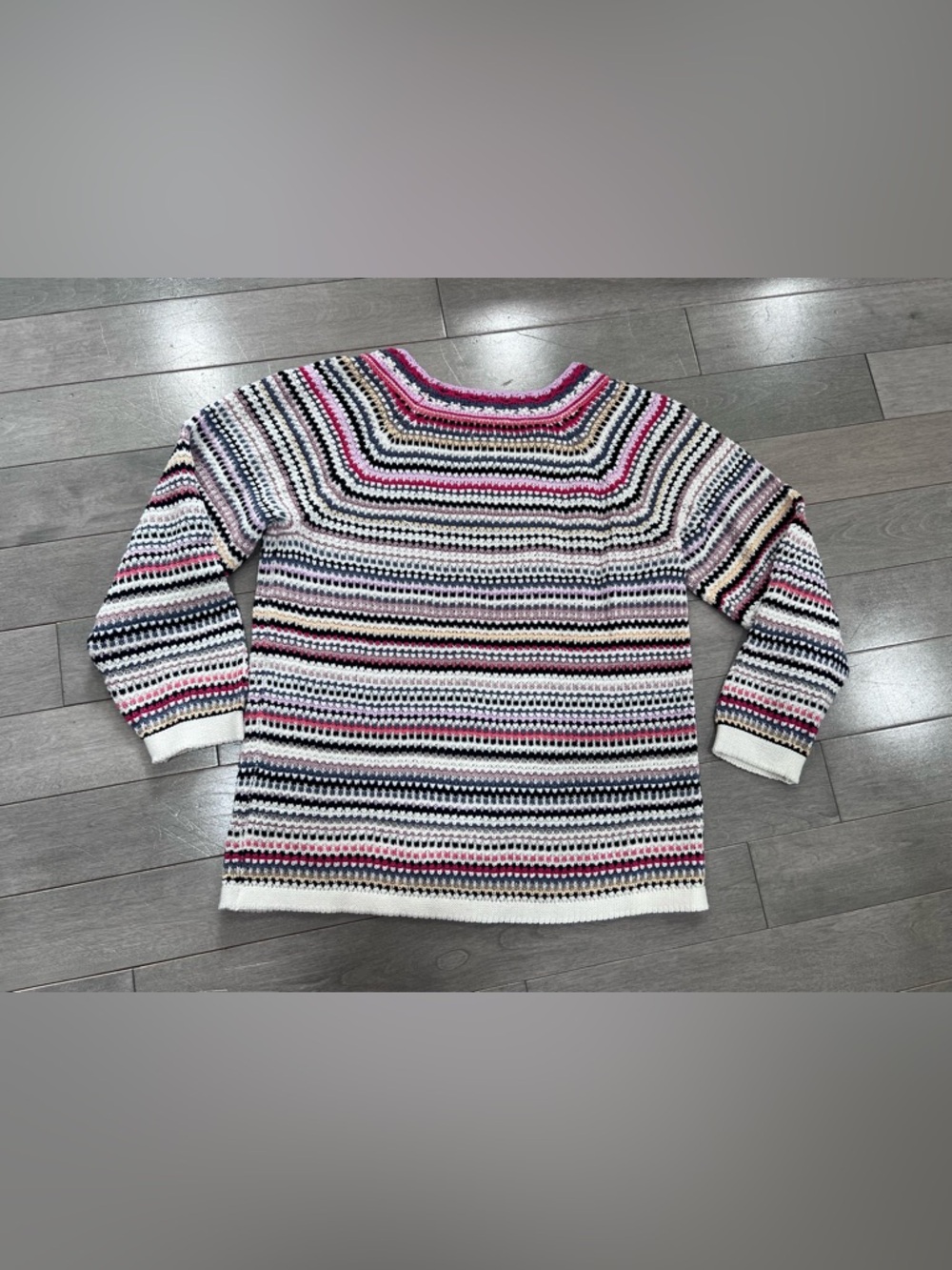 NIC+ZOE Multicolor Stripe Crochet Knit Sweater Mindfully Made Cotton, Medium - Picture 6 of 13